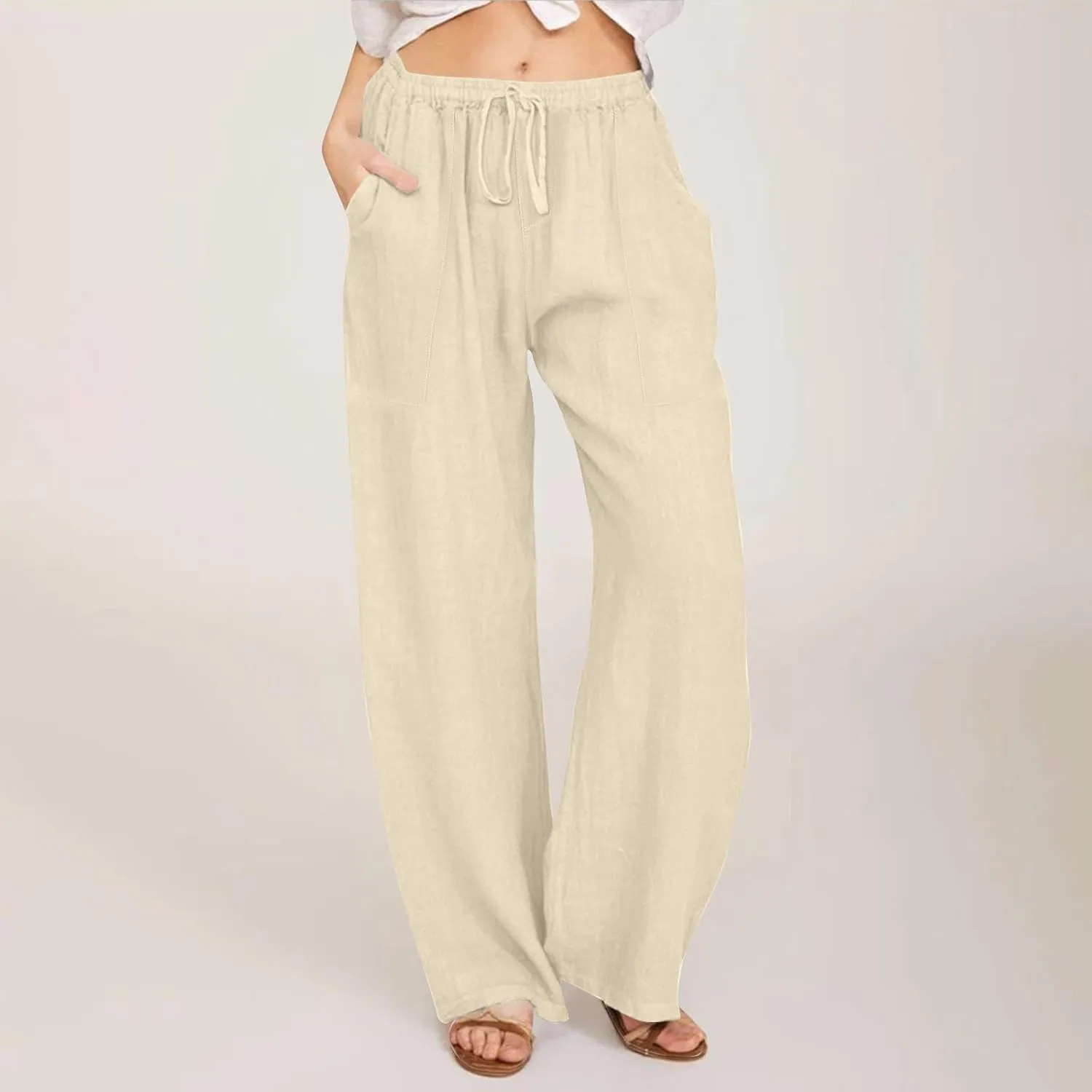 Womens Cargo Pants Straight Leg Summer Linen Cotton Low Rise, Ankle Pants for Women Plus Size Workout Trousers