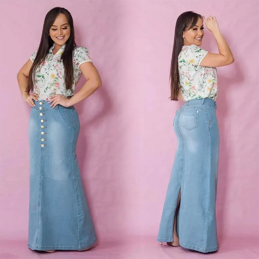 Women's Casual High Waisted Solid Denim Jean Skirt Maxi Long Flared A Line Raw Hem Trendy Midi Jean Skirt Trend Skirt