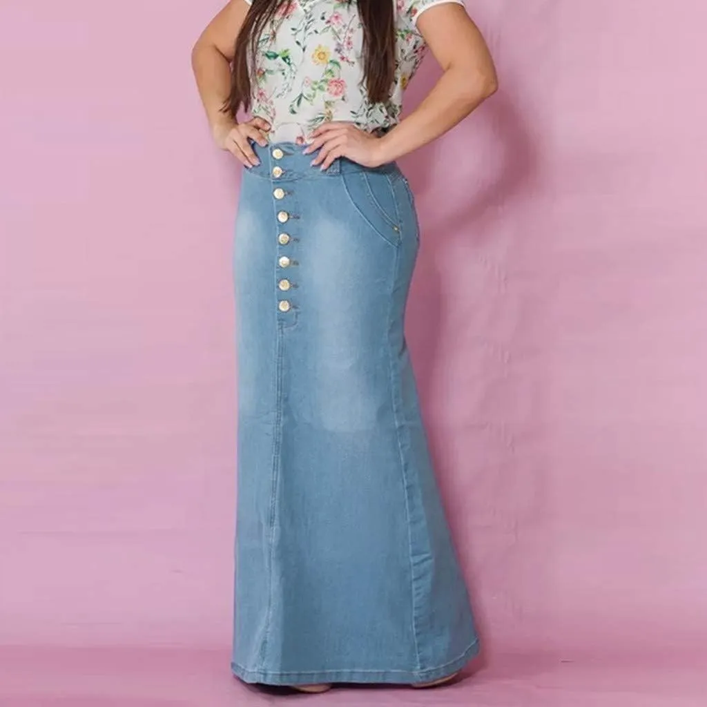 Women's Casual High Waisted Solid Denim Jean Skirt Maxi Long Flared A Line Raw Hem Trendy Midi Jean Skirt Trend Skirt