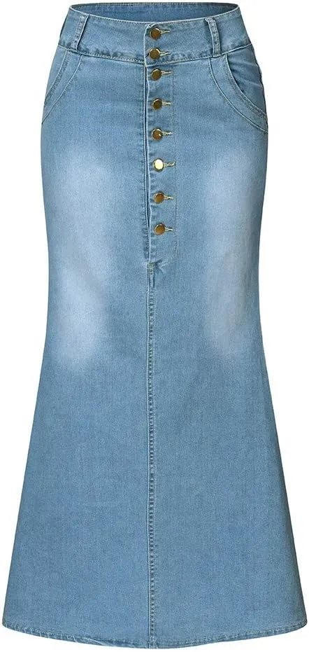 Women's Casual High Waisted Solid Denim Jean Skirt Maxi Long Flared A Line Raw Hem Trendy Midi Jean Skirt Trend Skirt