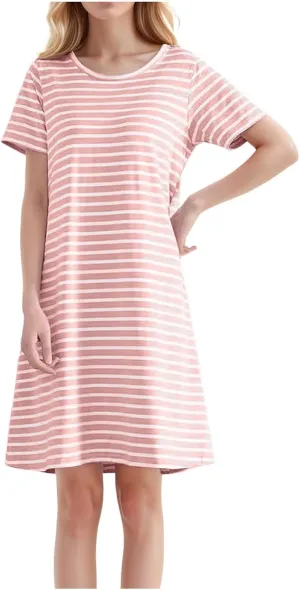 Women's Comfortable Mid Length Dress with Breast Pad Nightdress Casual Striped Skirt Plus Size Casual Dresses for