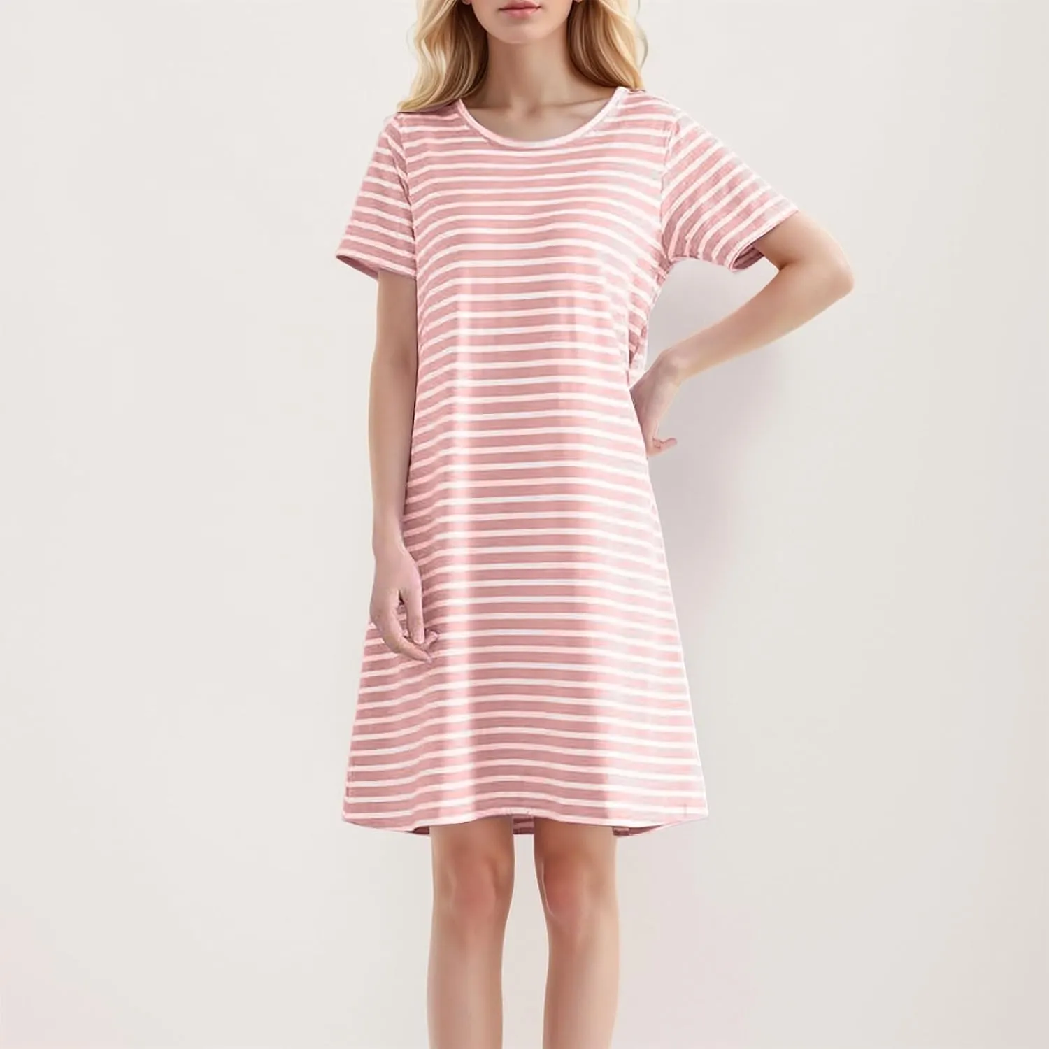 Women's Comfortable Mid Length Dress with Breast Pad Nightdress Casual Striped Skirt Plus Size Casual Dresses for