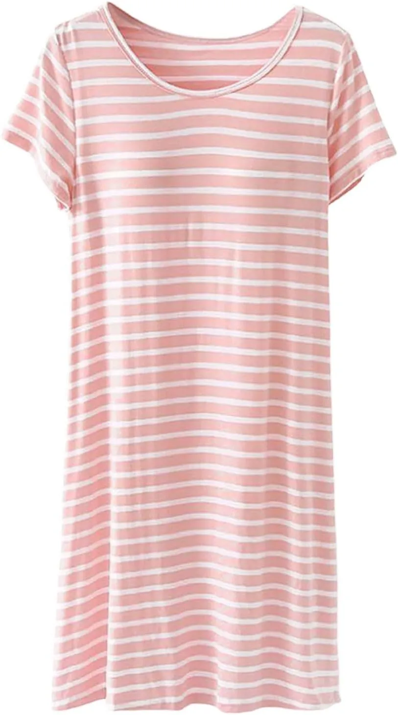 Women's Comfortable Mid Length Dress with Breast Pad Nightdress Casual Striped Skirt Plus Size Casual Dresses for