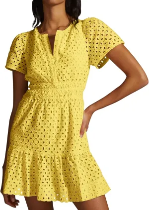 Women's Comfy Midi Dress Summer Beach Sundress V-Neck A-line Skirts Hollow Lace Pleated Short Sleeve Mini Dresses