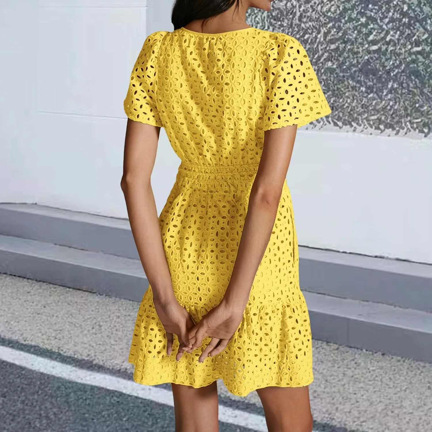 Women's Comfy Midi Dress Summer Beach Sundress V-Neck A-line Skirts Hollow Lace Pleated Short Sleeve Mini Dresses