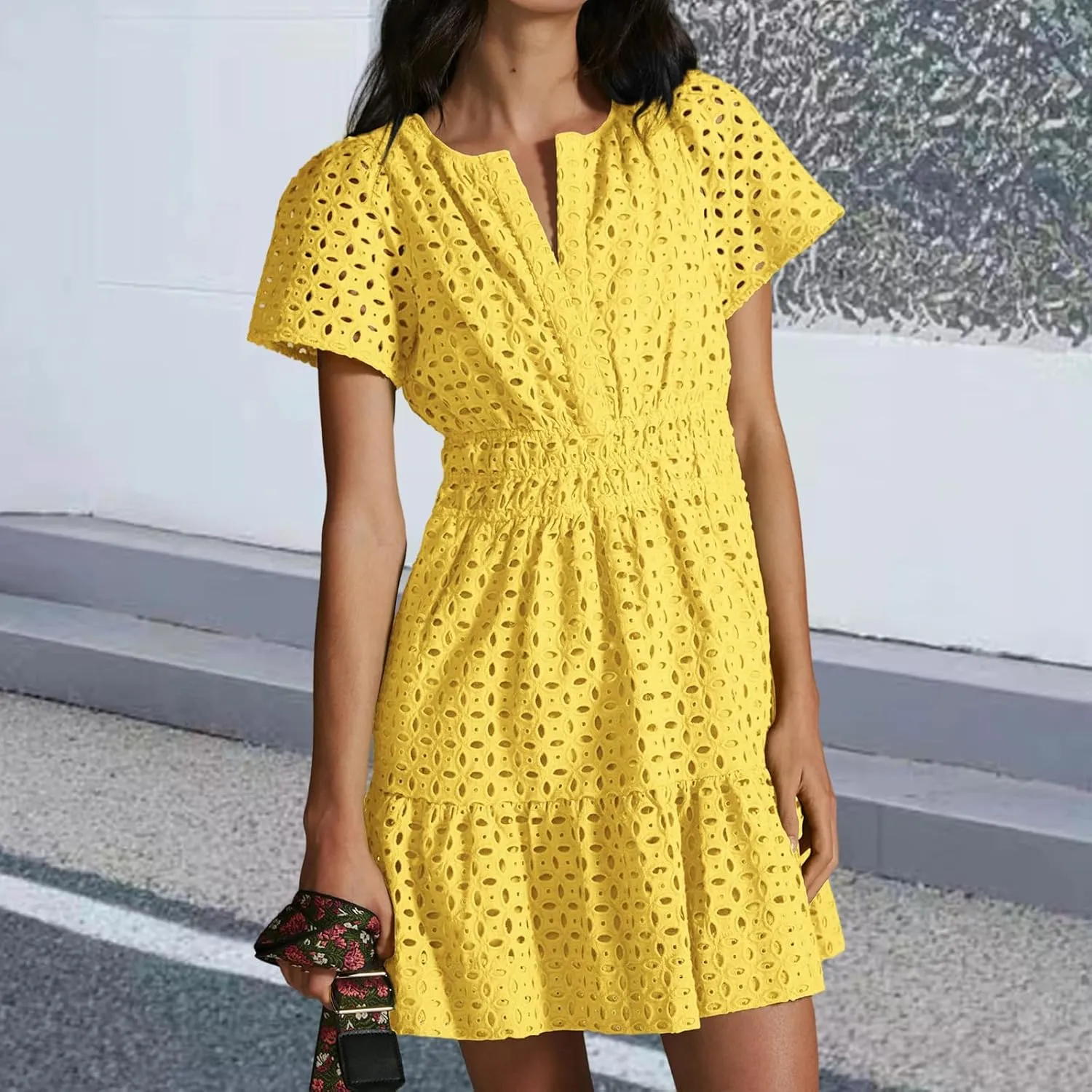 Women's Comfy Midi Dress Summer Beach Sundress V-Neck A-line Skirts Hollow Lace Pleated Short Sleeve Mini Dresses