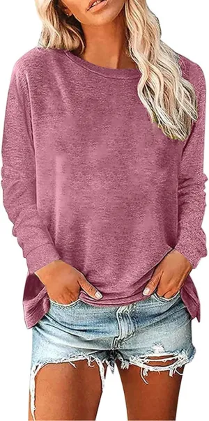 Womens Fashion Blouse Fitted Long Sleeves Crewneck Sweatshirt Solid Color Tops Pullover Casual Loose Hoodies