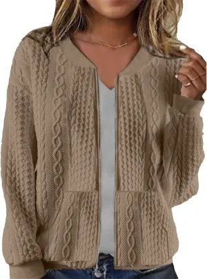 Womens Full Zip Up Cardigan Sweater Casual Solid Long Sleeve Sweatshirt Coat with Pocket