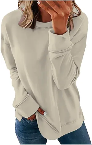 Womens Long Sleeves Sweatshirt Fitted Blouse Solid Color Round Neck Tops Pullover Casual Loose Fashion Hoodies