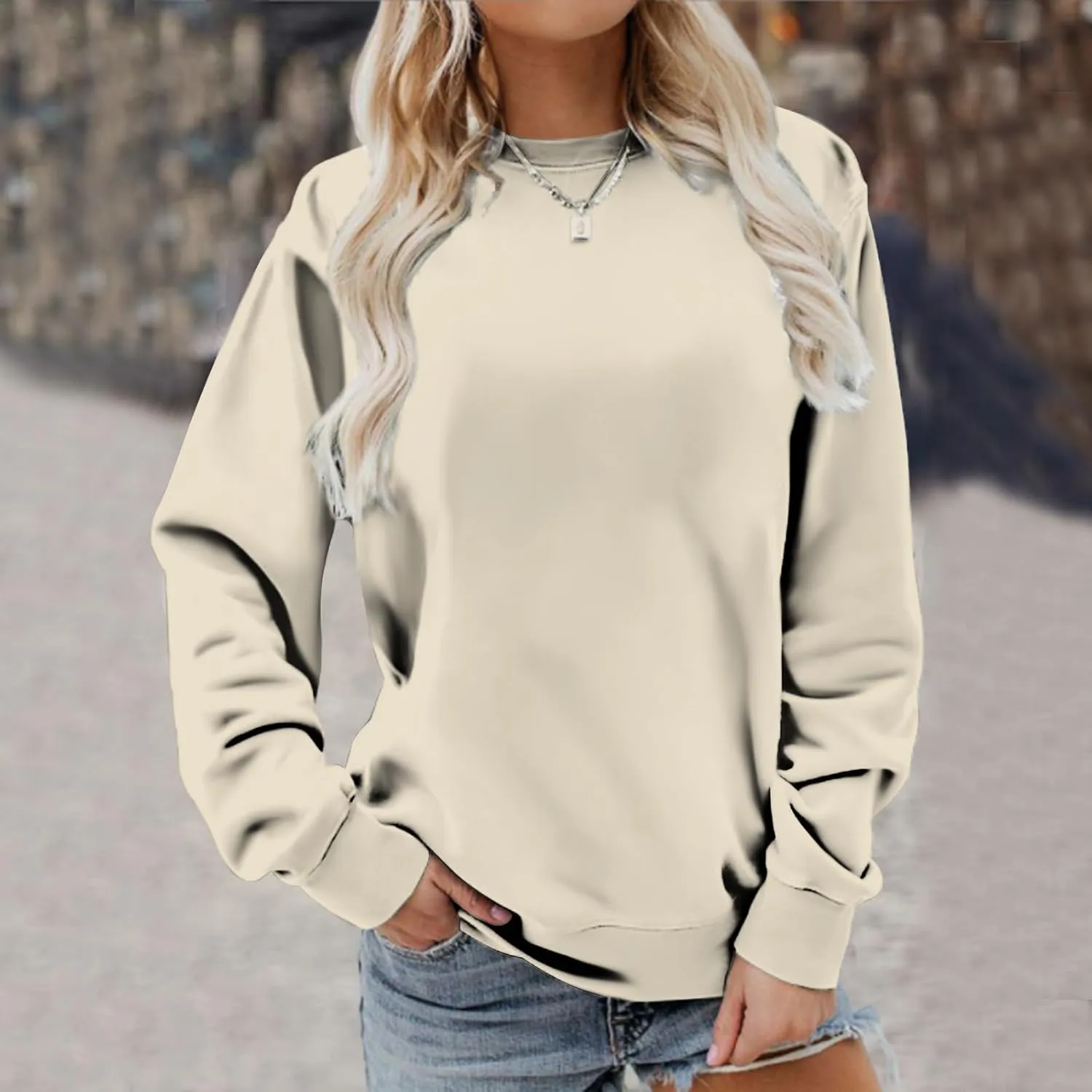 Womens Long Sleeves Sweatshirt Fitted Blouse Solid Color Round Neck Tops Pullover Casual Loose Fashion Hoodies