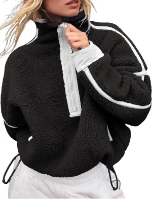 Women's Oversized Fleece Sweatshirt Long Sleeve Half Zip Sherpa Hoodie Fleece Pullover Top With Pockets