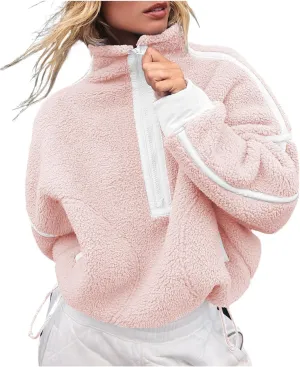 Women's Oversized Fleece Sweatshirt Long Sleeve Half Zip Sherpa Hoodie Fleece Pullover Top With Pockets
