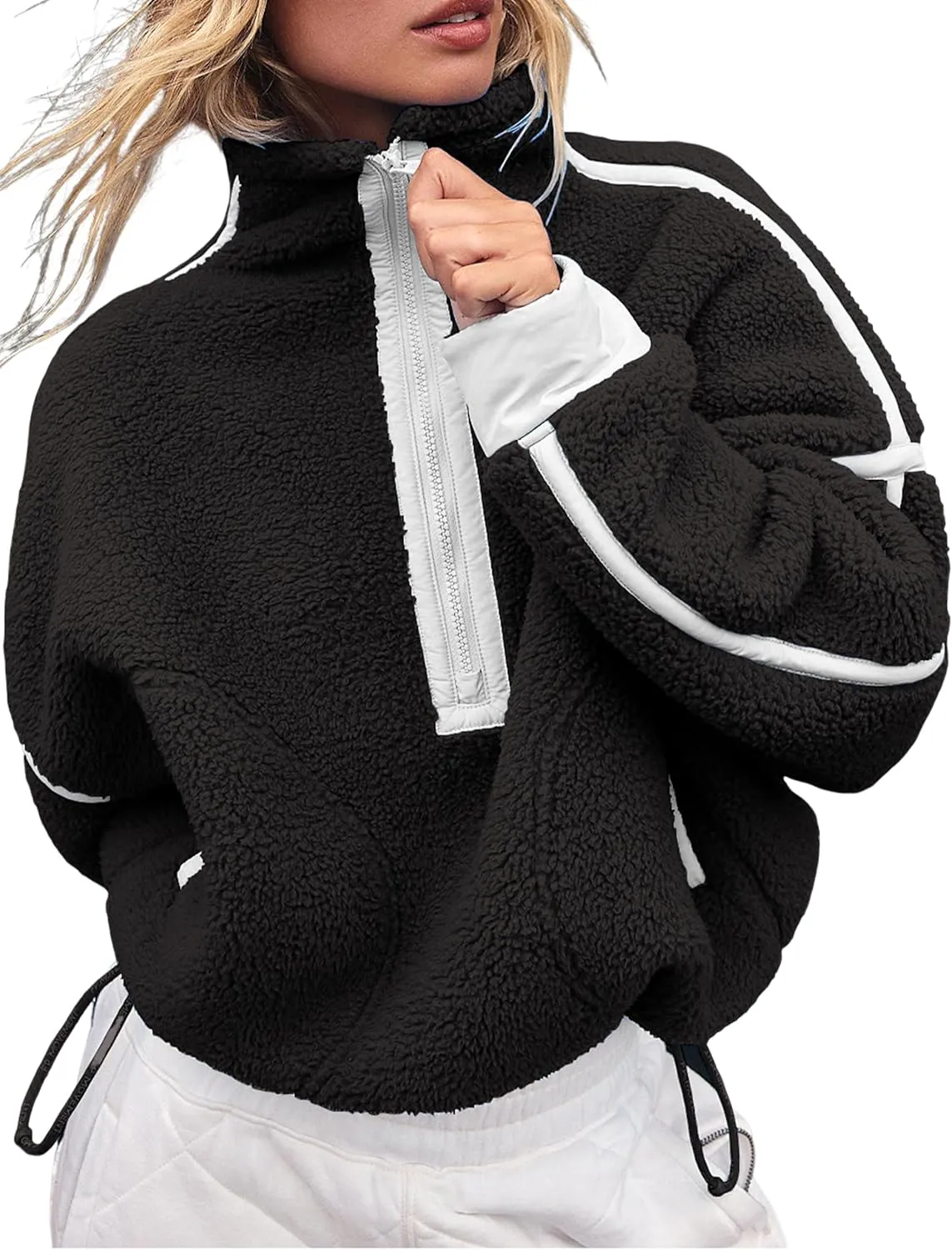 Women's Oversized Fleece Sweatshirt Long Sleeve Half Zip Sherpa Hoodie Fleece Pullover Top With Pockets
