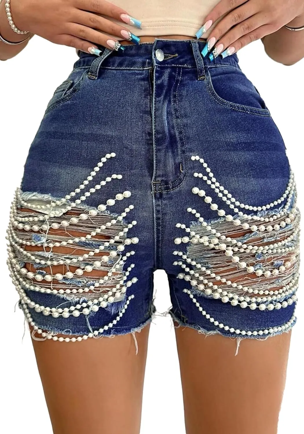 Women's Pearls Chain Denim Shorts Ripped Distressed Jean Shorts with Pockets