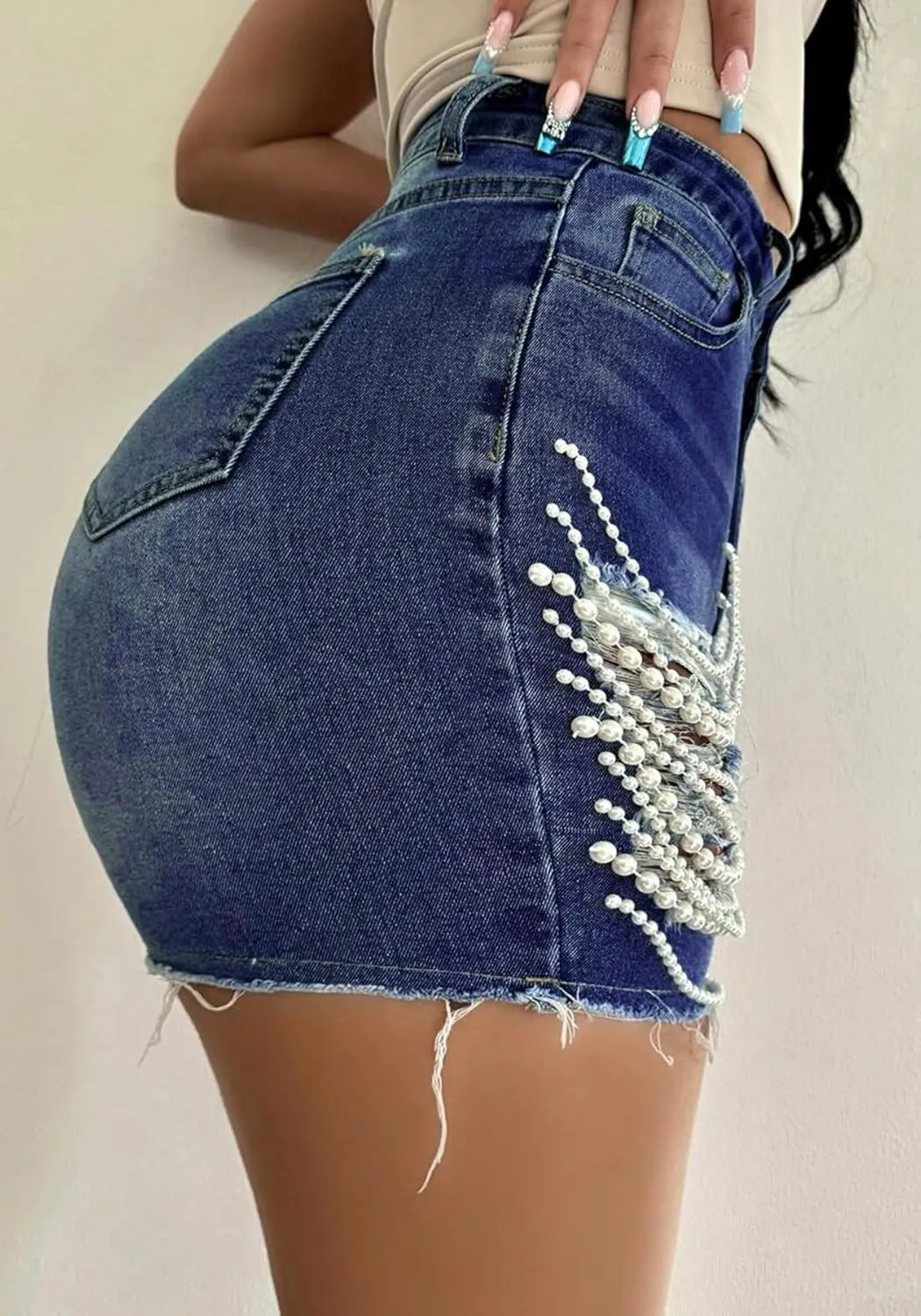 Women's Pearls Chain Denim Shorts Ripped Distressed Jean Shorts with Pockets