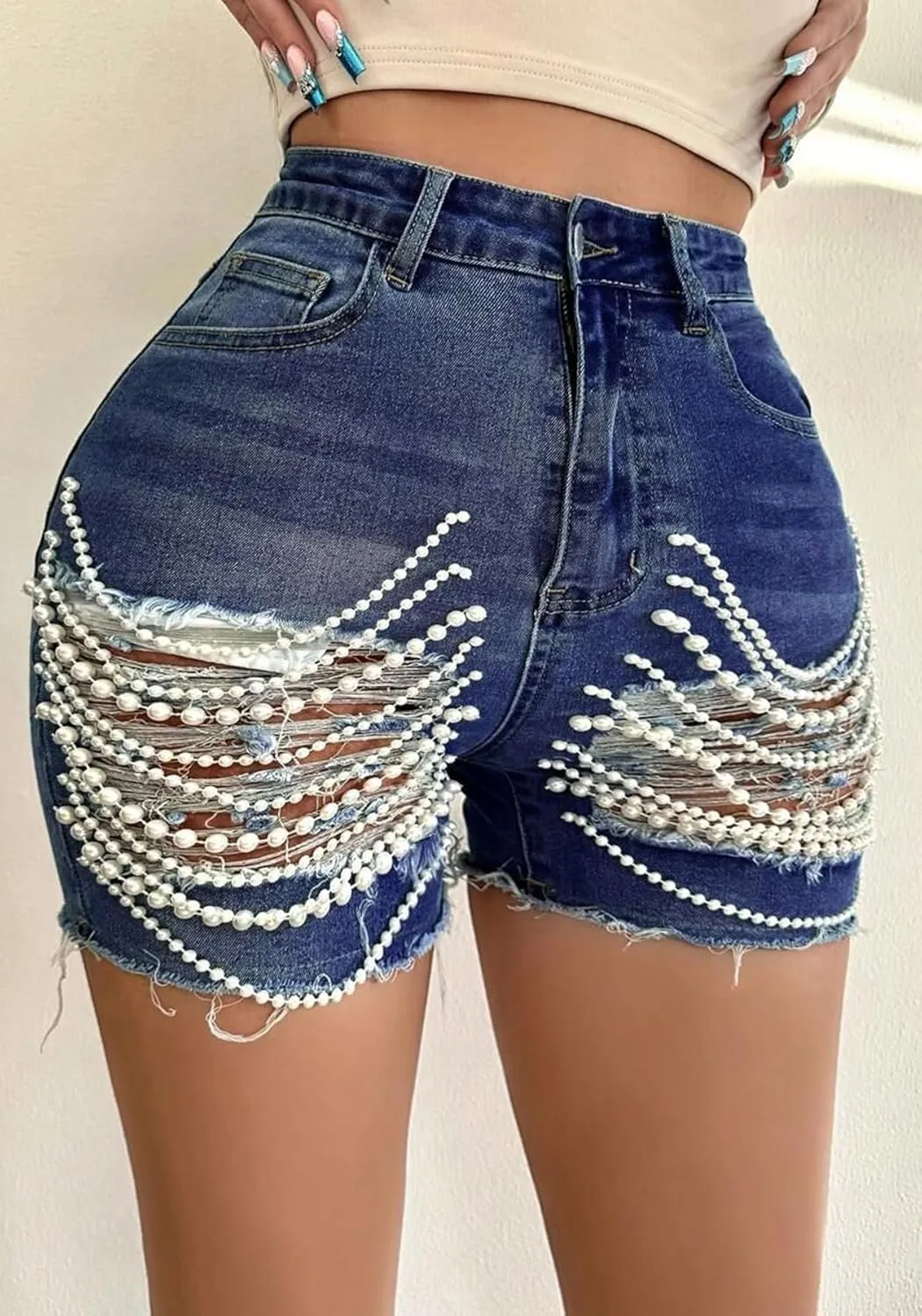 Women's Pearls Chain Denim Shorts Ripped Distressed Jean Shorts with Pockets