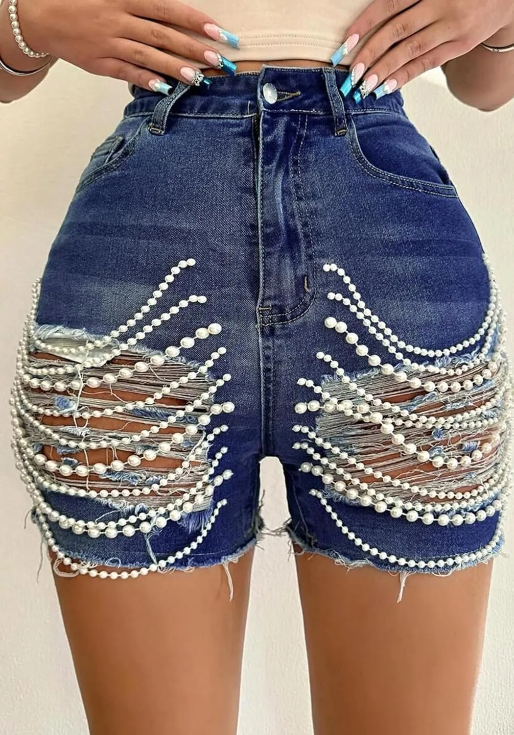 Women's Pearls Chain Denim Shorts Ripped Distressed Jean Shorts with Pockets