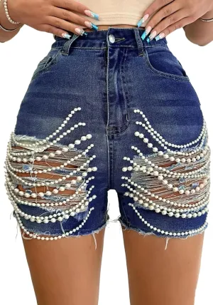 Women's Pearls Chain Denim Shorts Ripped Distressed Jean Shorts with Pockets