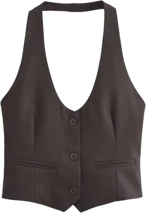 Women's Sexy Backless Front Button Camisole Vest Chic Party Sleeveless Waistcoats Tops