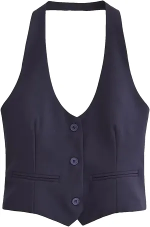 Women's Sexy Backless Front Button Camisole Vest Chic Party Sleeveless Waistcoats Tops