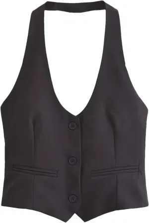 Women's Sexy Backless Front Button Camisole Vest Chic Party Sleeveless Waistcoats Tops