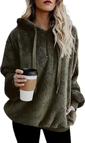 Womens Sherpa Hoodie Fuzzy Sweatshirt Fleece Pullover Oversized Hoodies for Women Fluffy Quarter Zip Hoodies Sweater