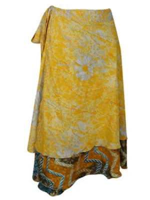 Womens Short Wrap Skirt, Yellow Floral Sari Skirt One Size
