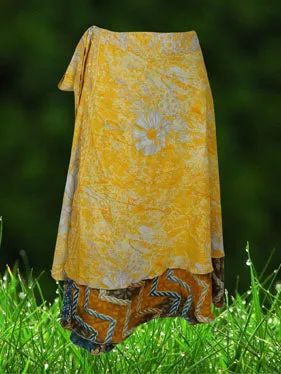 Womens Short Wrap Skirt, Yellow Floral Sari Skirt One Size