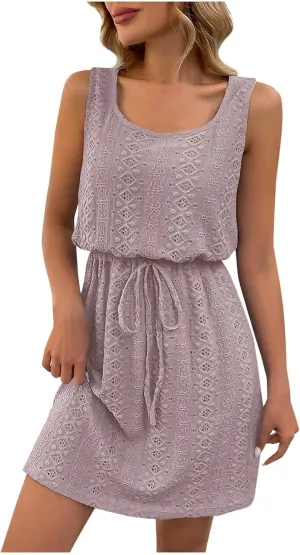 Women's Sleeveless Lace Dress Elegant Summer Casual A-Line Mini Dresses Drawstring Waist Sundress
