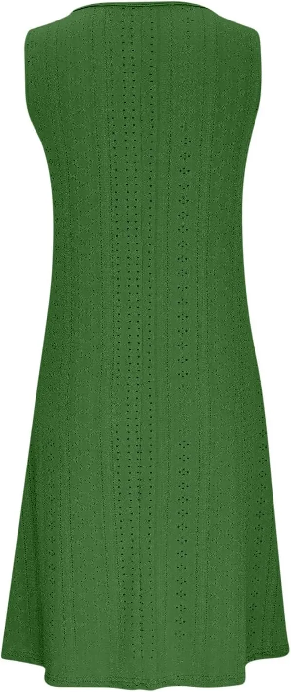 Women's Sleeveless V Neck Eyelet Dress Summer Casual Loose Fit Midi Sundress Elegant Beach Vacation Outfit