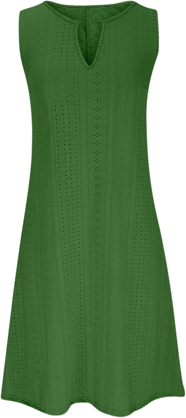 Women's Sleeveless V Neck Eyelet Dress Summer Casual Loose Fit Midi Sundress Elegant Beach Vacation Outfit