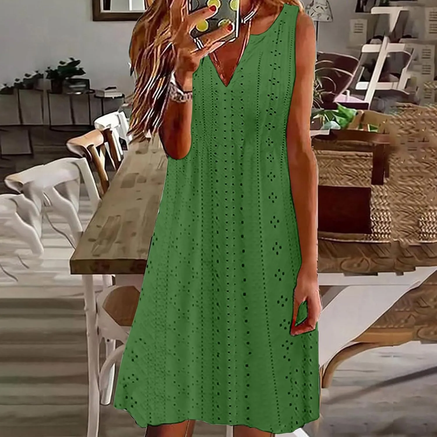 Women's Sleeveless V Neck Eyelet Dress Summer Casual Loose Fit Midi Sundress Elegant Beach Vacation Outfit