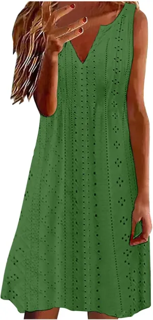 Women's Sleeveless V Neck Eyelet Dress Summer Casual Loose Fit Midi Sundress Elegant Beach Vacation Outfit