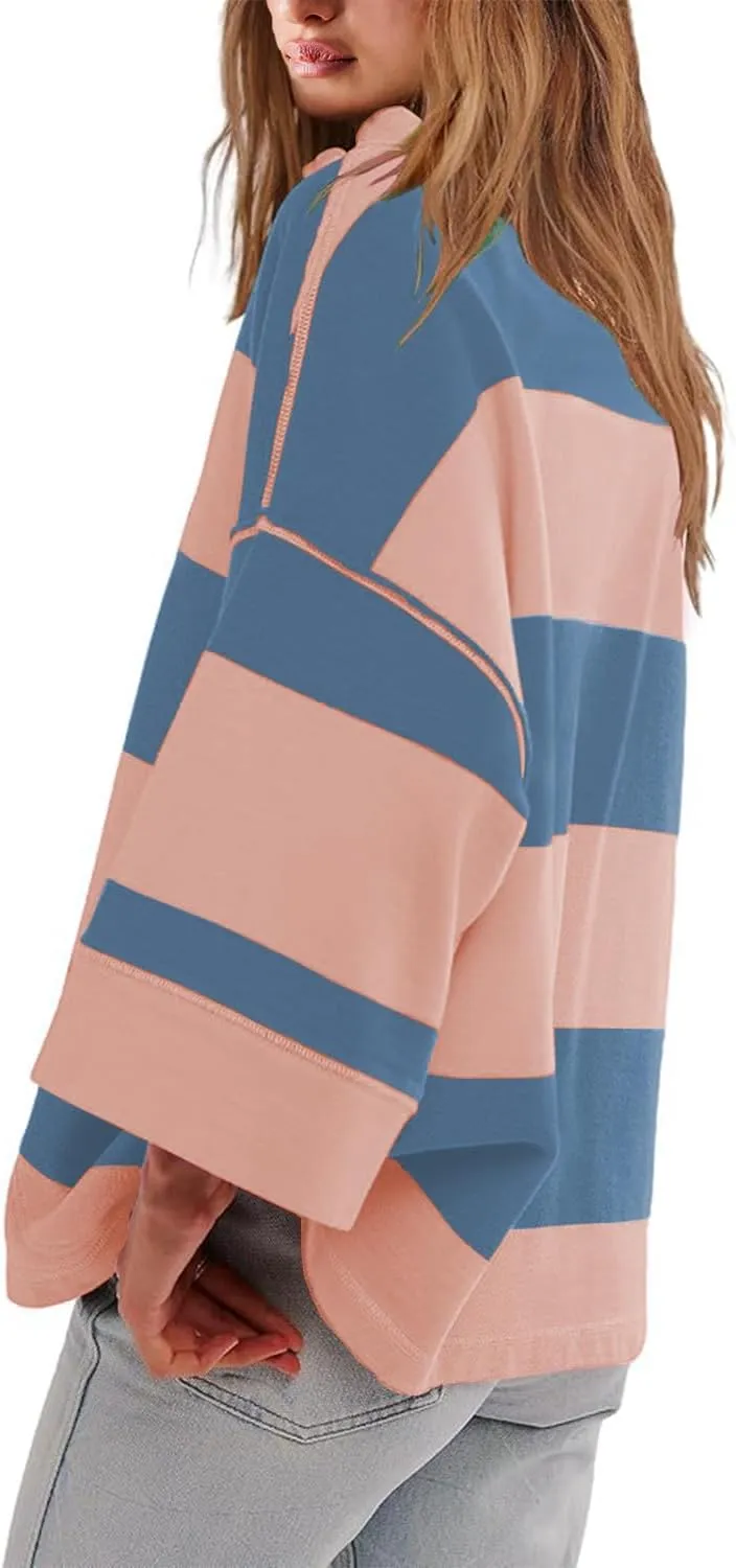 Women's Striped Shirt Oversized Half Zip Sweatshirts Long Sleeve V Neck Loose Y2k Hoodies Pullover