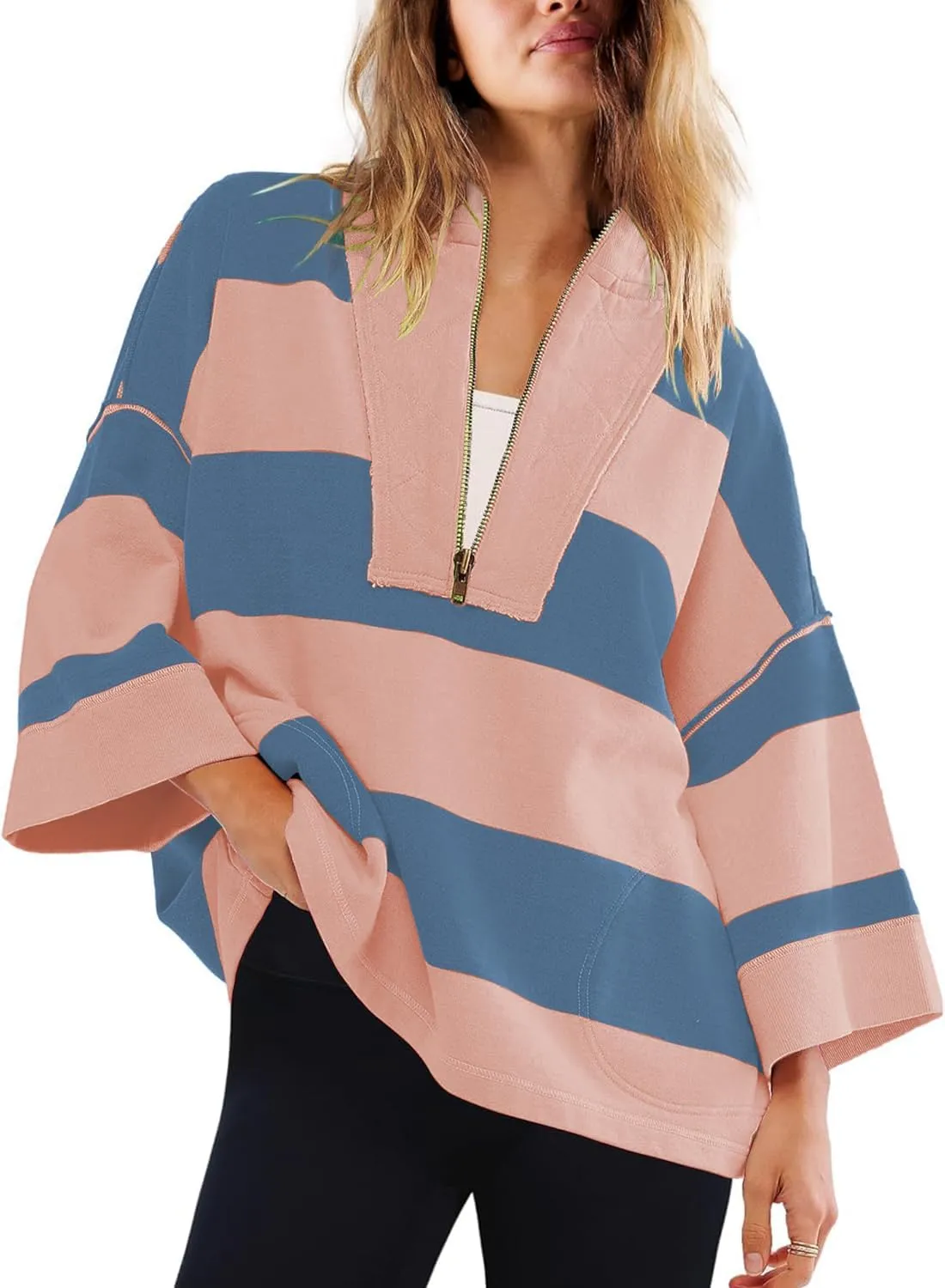 Women's Striped Shirt Oversized Half Zip Sweatshirts Long Sleeve V Neck Loose Y2k Hoodies Pullover