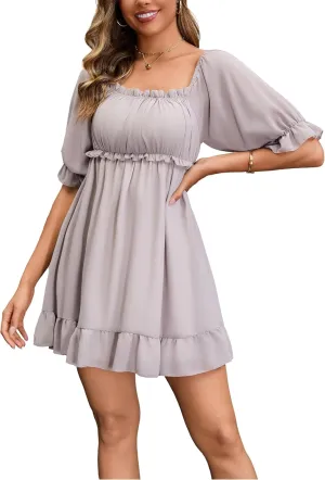 Women's Summer Dress Boho Short Sleeve Mini Dresses Square Neck Ruffle Mini Beach Dresses