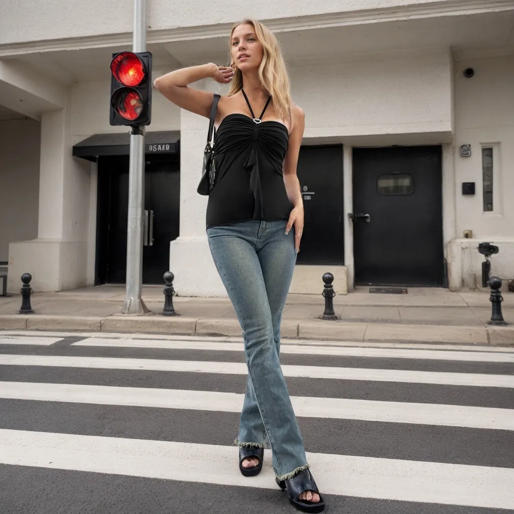 Women's T-shirt Halterneck Backless Sleeveless Top – Slim Fit Polyester Pullover