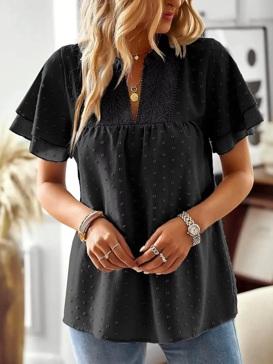 Womens Tops Butterfly Sleeve V Neck Blouses for Women Dressy Casual Flowy Swiss Dot Ruffle Short Sleeve Shirts