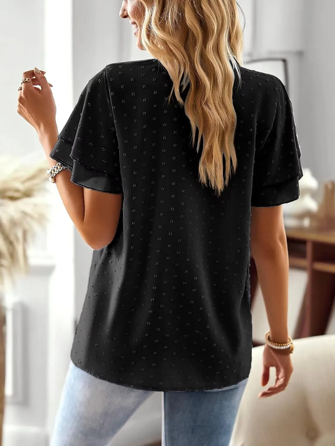 Womens Tops Butterfly Sleeve V Neck Blouses for Women Dressy Casual Flowy Swiss Dot Ruffle Short Sleeve Shirts