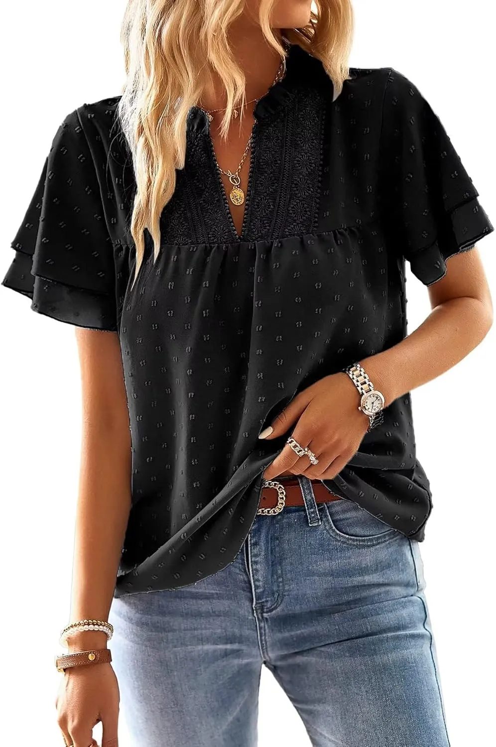 Womens Tops Butterfly Sleeve V Neck Blouses for Women Dressy Casual Flowy Swiss Dot Ruffle Short Sleeve Shirts