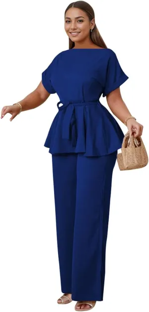 WUSENST Women's 2 Piece Outfits Suit Set Round Neck Short Sleeve Top Long Pants Church Office Business Work Wear