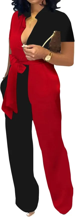 Xinlees Womens Elegant Jumpsuits Casual Short Sleeve Fashion Print Long Pants Rompers Straight Club Outfits
