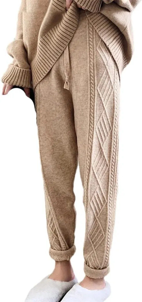 YIOLEAMP Winter Thicken Women Harem Pants, Casual Drawstring Twisted Knitted Pants, Chic Warm Sweater Trousers