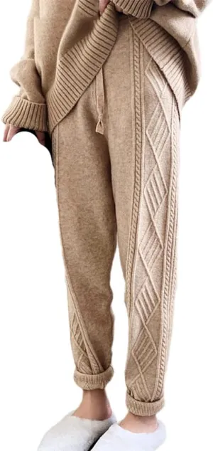 YIOLEAMP Winter Thicken Women Harem Pants, Casual Drawstring Twisted Knitted Pants, Chic Warm Sweater Trousers