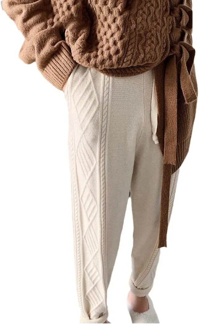 YIOLEAMP Winter Thicken Women Harem Pants, Casual Drawstring Twisted Knitted Pants, Chic Warm Sweater Trousers
