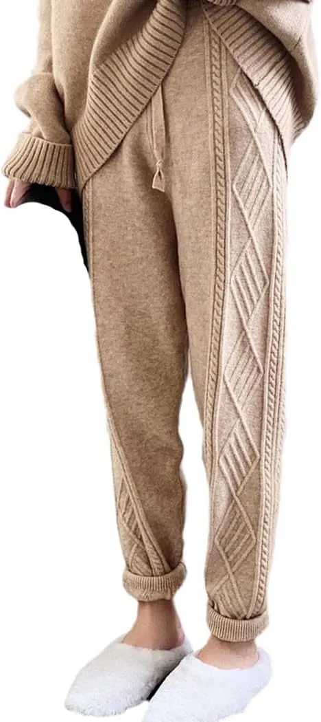 YIOLEAMP Winter Thicken Women Harem Pants, Casual Drawstring Twisted Knitted Pants, Chic Warm Sweater Trousers