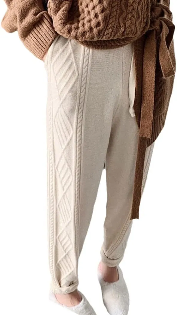 YIOLEAMP Winter Thicken Women Harem Pants, Casual Drawstring Twisted Knitted Pants, Chic Warm Sweater Trousers