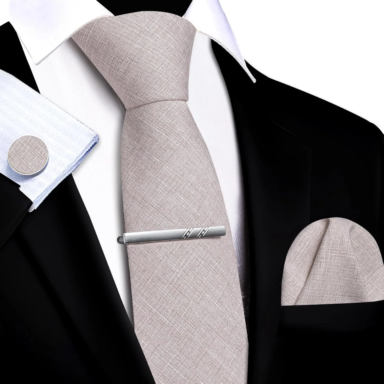 YOHOWA Extra Long Ties for Men Solid Color Cotton Wool Necktie and Pocket Square Cufflinks Tie Clip Sets Business Wedding