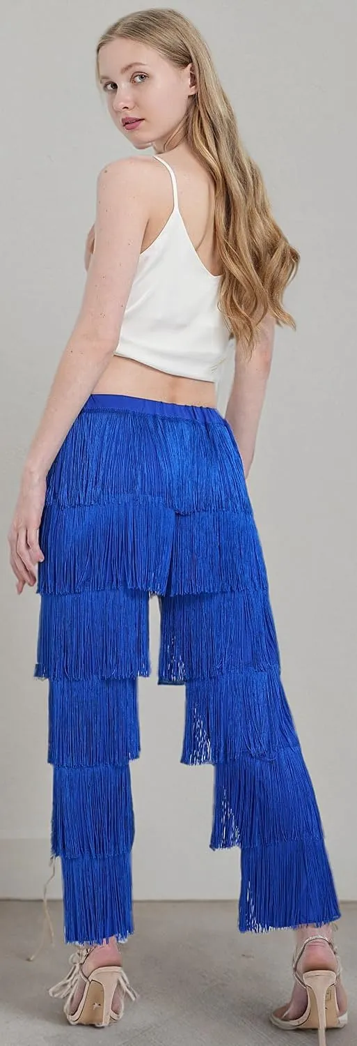 ZBH1985 Women's Latin Dance Pants Tassel Ballroom Dance Professional Black Adult Fringe Rumba Tango Salsa Practice Pants