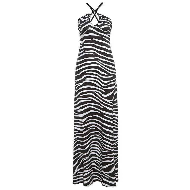 Zebra-stripe Slim Maxi Dresses Women Elegant Cross Halter Summer Fashion Party Bodycon Female Evening Dresses Streetwear